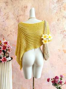 GlowEve 女士优雅纯色不对称下摆镂空针织罩衫，春夏款 - 黃色 - 查看 2
