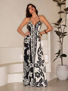 SHEIN Tall 女士度假热带波西米亚风花朵椰树印花吊带系带休闲沙滩夏季长裙 - 彩色 - 查看 3