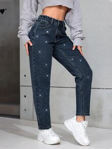 SHEIN PETITE Women's Casual Everyday Rhinestone Embellished Slant Pocket Tapered Leg Jeans - Dark Wash - View 6