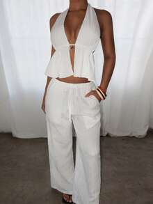 SHEIN PETITE 两件套服装，包括系带露背吊带背心和阔腿抽绳裤，适合夜店、度假、海滩、锐舞派对、夏威夷海岛度假等场合。 - 白色 - 查看 10