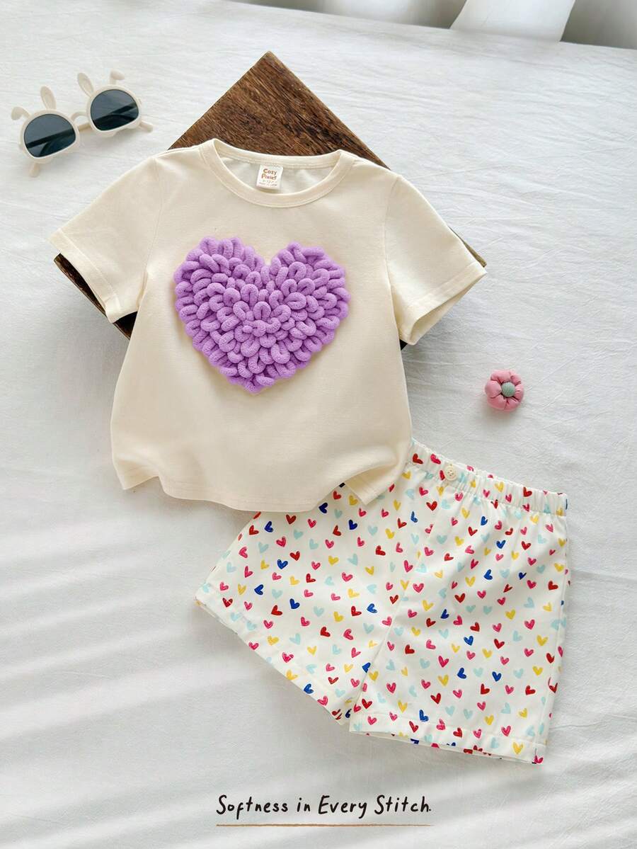 Cozy Pixies 2件套女婴爱心图案针织柔软圆领短袖上衣和松紧腰短裤套装 - 紫色 - 查看 1