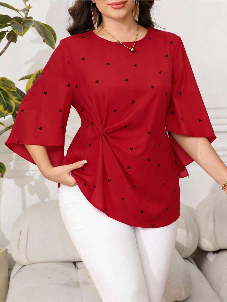 SHEIN Clasi 大码女士浪漫不规则袖心形印花优雅衬衫，适合春夏季节、情人节、生日、春假等场合穿着。 - 彩色 - 查看 1