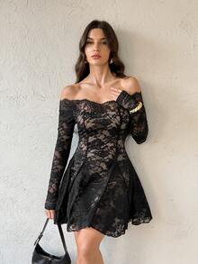 SHEIN Tall Black Lace Off Shoulder Bodycon Mini Dress, Elegant Sexy Women's Long Sleeve Lace Dress, Black Lace Dress, Elegant Little Black Dress - Black - View 6