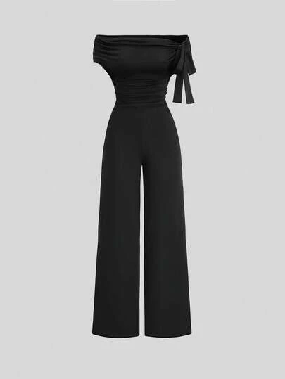 Sweetra Elegant French Romantic Soft Ladylike Graceful Mermaid Vacation Urban Casual Commute Work School Party Date Shopping Home Off-Shoulder Asymmetric Bow Ruched Slimming Long Black Jumpsuit For Women, Spring/Summer/Autumn