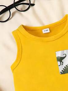 SHEIN 一套男婴时尚休闲可爱恐龙印花仿口袋设计背心和恐龙印花短裤套装，适合夏季户外穿着 - 彩色 - 查看 5