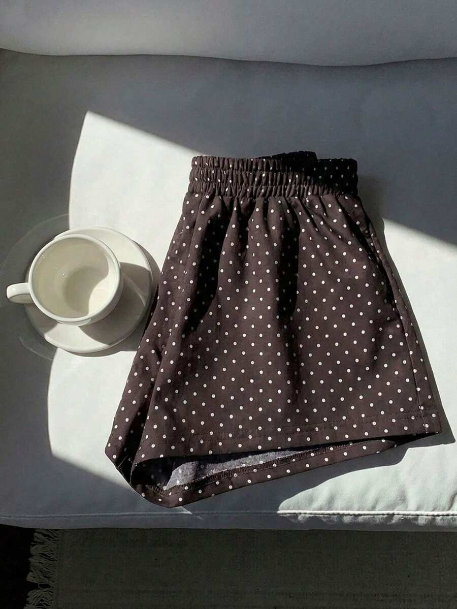 SHEIN EZwear Quần ống rộng dệt họa tiết chấm bi màu nâu, thích hợp cho mùa xuân và mùa hè, trang phục nữ mùa xuân và mùa hè. - Nhiều màu - Xem 1