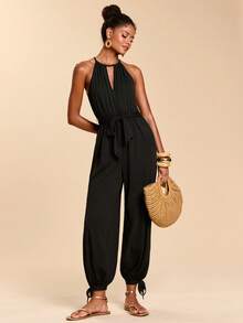 Travachic 女士纯色针织露肩连体裤，春夏款 - 黑色 - 查看 5