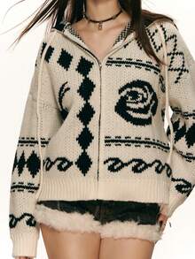 INAWLY Women's Drop Shoulder Long Sleeve Hooded Zip-Up Sweater Jacket, Winter - Beige - View 6