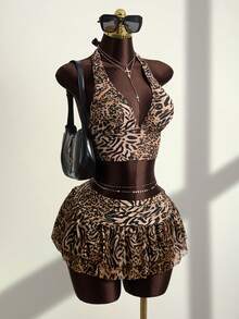 Zestiva 3pcs/Set Leopard Print Halter Top + Triangle Bikini Bottoms + Ruched Drawstring Waist Floral Hem Skirt, Beach Vacation Casual Swimwear - Multicolor - View 3