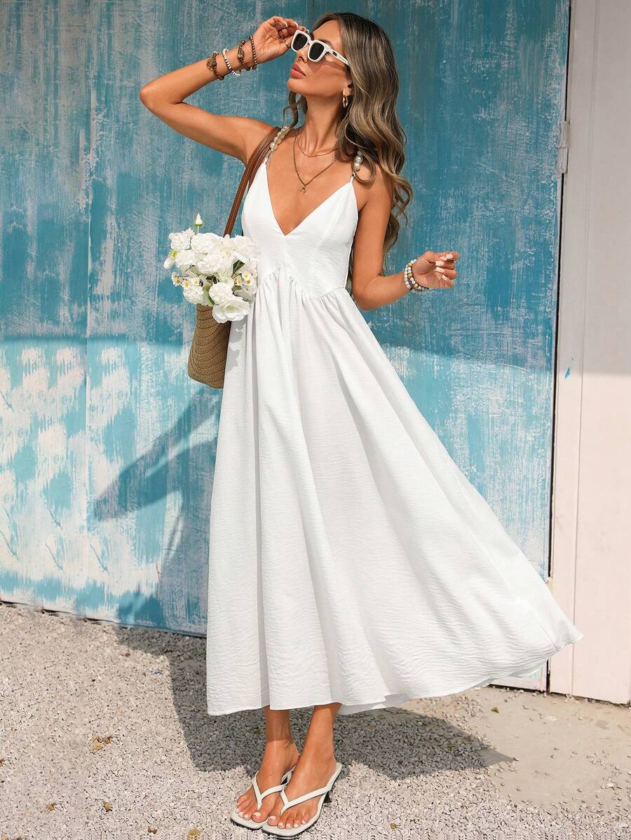 Vivid Eden Spring/Summer Casual Vacation V-Neck Pearl Strap Waist A-Line Loose Back Textured Fabric Dress - White - View 1