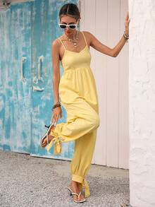 Vivid Eden 女士宽松休闲连体裤，系带袖口，纹理面料，适合户外、度假、春夏穿着 - 黃色 - 查看 8