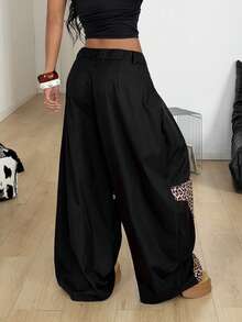 Coolane 女士春夏音乐会街头风 Y2K 派对豹纹拼接黑色宽松中腰超大裤 - 黑色 - 查看 3