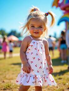 SHEIN Playful Pals Đầm không tay cho bé gái sơ sinh/trẻ nhỏ với họa tiết quả anh đào rực rỡ trên nền trắng, thiết kế sống động và tươi mới, thích hợp cho mùa hè. - Nhiều màu - Xem 5