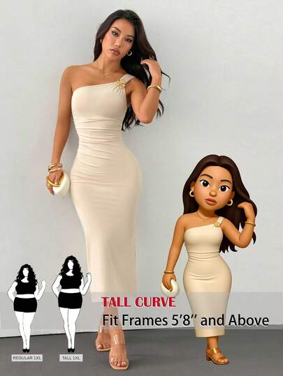 SHEIN Tall CURVE Vestido midi de estilo occidental de unicolor con hombros oblicuos para mujeres de mediana edad de talla grande