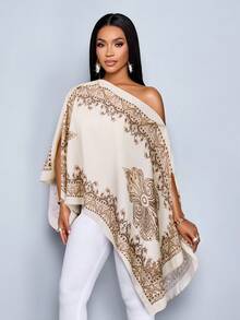 SOLERSUN 女士单肩披肩，不对称下摆，佩斯利花纹，海岛风情，音乐节，春夏衬衫。 - 杏色 - 查看 5