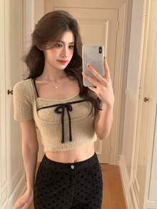 FRIFUL 2 piezas Suéter de punto de mujer con contraste de color y decoración de lazo en el pecho, conjunto de jersey casual versátil de ajuste ceñido - Beis - Ver 3