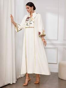 Al Najma Đầm Abaya dài tay cổ đứng thêu hoa vintage dành cho nữ, viền vàng. - trắng - Xem 5
