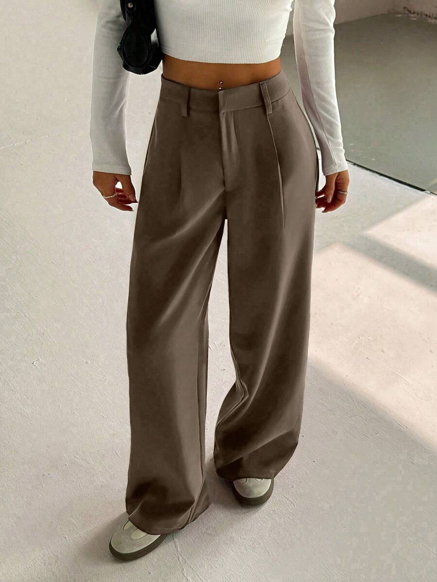 FavEase 女士高级优雅修身休闲阔腿裤 - 棕色 - 查看 1