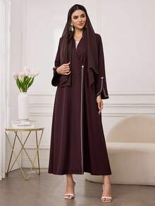Al Najma Women's Everyday Commute Trim Design Gold Button Flare Sleeve Long Sleeve Abaya Robe - Brown - View 5