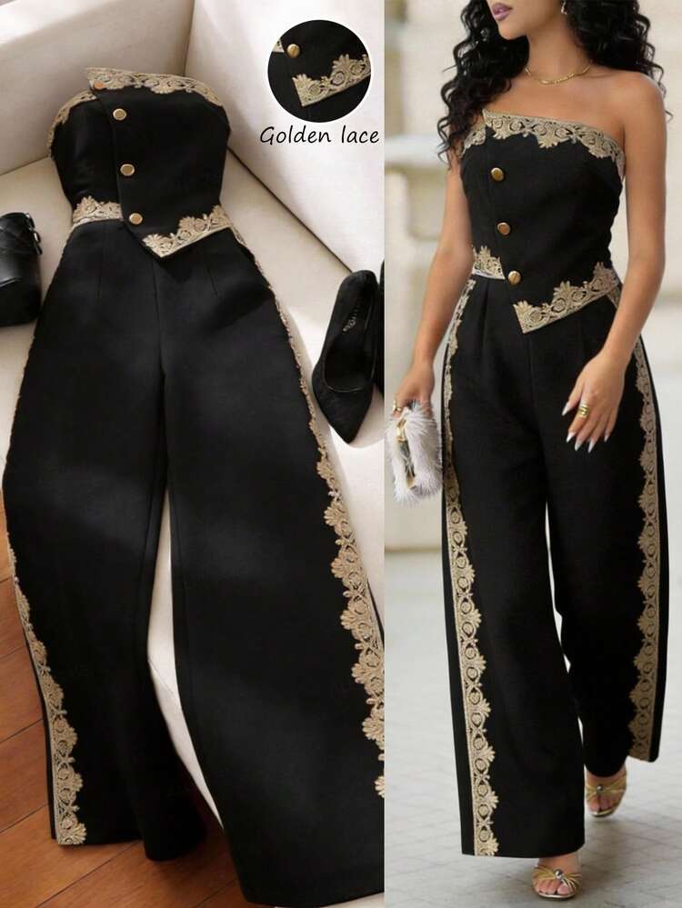 Franclia 女士优雅无肩带连体裤，金色蕾丝拼接二合一休闲连体裤，金色纽扣装饰不对称前襟，四季皆宜，可搭配外套，适合日常、通勤、派对、晚宴、约会、时尚聚会等场合，打造都市休闲、优雅、现代、奢华的连体裤风格。腰部隐藏细节设计，经典黑色底色搭配独特的领口和花卉图案细节，展现当代女性自信、现代、魅力四射的形象。黑色和金色连体裤，优雅女士连体裤，蕾丝女士连体裤，黑色和金色女士连体裤套装，优雅女士裤装，女士无肩带连体裤，金色蕾丝连体裤，黑色阔腿女士裤装，优雅女士裤装，富家女装，裤装套装，女士裤装套装，优雅女士裤装套装，无肩带女士裤装，女士正式连体裤 - 黑色 - 查看 9