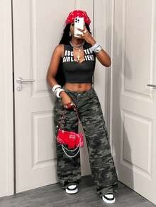 BamGleam2026 Summer Streetwear Women's Black And White Racing Style Sports Print Sleeveless Tank Top,Slim V-Neck Incision Design Night Out Clothing - Black - View 5