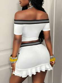 BamGleam Women's Off-Shoulder Sexy Fashion Letter Print Ruched Fitted T-Shirt, Spring/Summer - White - View 2