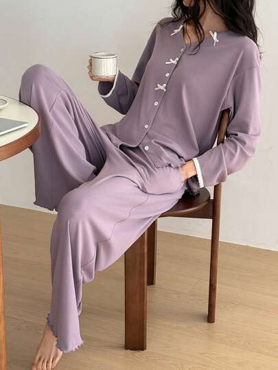 DAZY Women's Plush Knit Fabric Contrast Color Bow Ruffle Trim Pajama Set, Suitable For Spring And Autumn