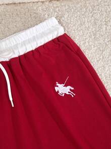 少女休闲通勤时尚运动风刺绣撞色V领褶皱修身T恤搭配抽绳阔腿裤套装，春秋季 - 酒紅色 - 查看 9