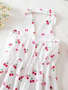Girls' Cute Cherry Print Sleeveless Dress, Korean Style, Sweet Princess Vibe, Lightweight Fabric For Summer, Suitable For Daily Wear Or Outings - White - View 4