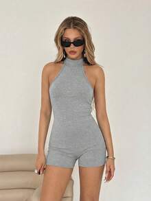 SHEIN ICON Bộ jumpsuit ôm sát cổ cao hở lưng màu đen dành cho nữ, kiểu dáng cơ bản thường ngày. - Màu Xám nhạt - Xem 6