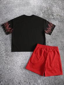 ROMWE MEN 男士宽松短袖T恤套装，饰有闪亮钻石印花 - 黑色 - 查看 2