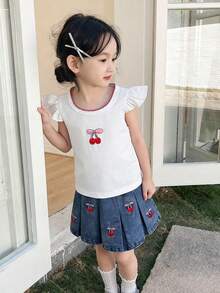 2pcs Girls Toddler Vest Set,Summer Back-To-School White Vest With Cherry Blossom Embroidery&Flutter Sleeves,Mid-Blue Denim Skirt,Soft Cute School Wear - Blue and White - View 8