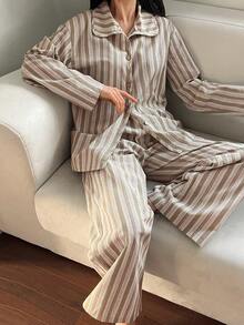 DAZY Women's Striped Print Drop Shoulder Loose Long Sleeve Shirt And Pants Pajama Set, Spring/Autumn - Green - View 5