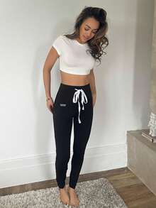 RebeccaVibe Women's Letter Print Drawstring Waist Skinny Leggings, Casual - Black - View 1