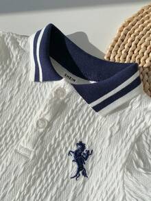 SHEIN 男女宝宝可爱撞色拼接Polo领短袖连体衣，春夏男宝宝服装套装 - 藏蓝色 - 查看 4