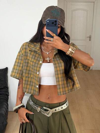 Coolane Summer Outfit For Women Going Out Casual Streetwear Everyday Commute Vintage Preppy Crop Plaid Loose Crop Tops Yellow And Green Shirt,Holiday Outfits For Women