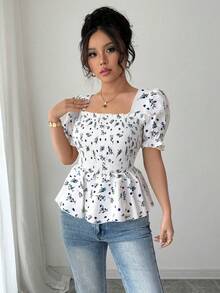 Elenzga 女士优雅碎花修身衬衫 - 白色 - 查看 5