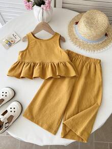 LMoss Kids Baby Girl Summer Casual Solid Color Ruffle Hem Top And Pants Set - Yellow - View 5