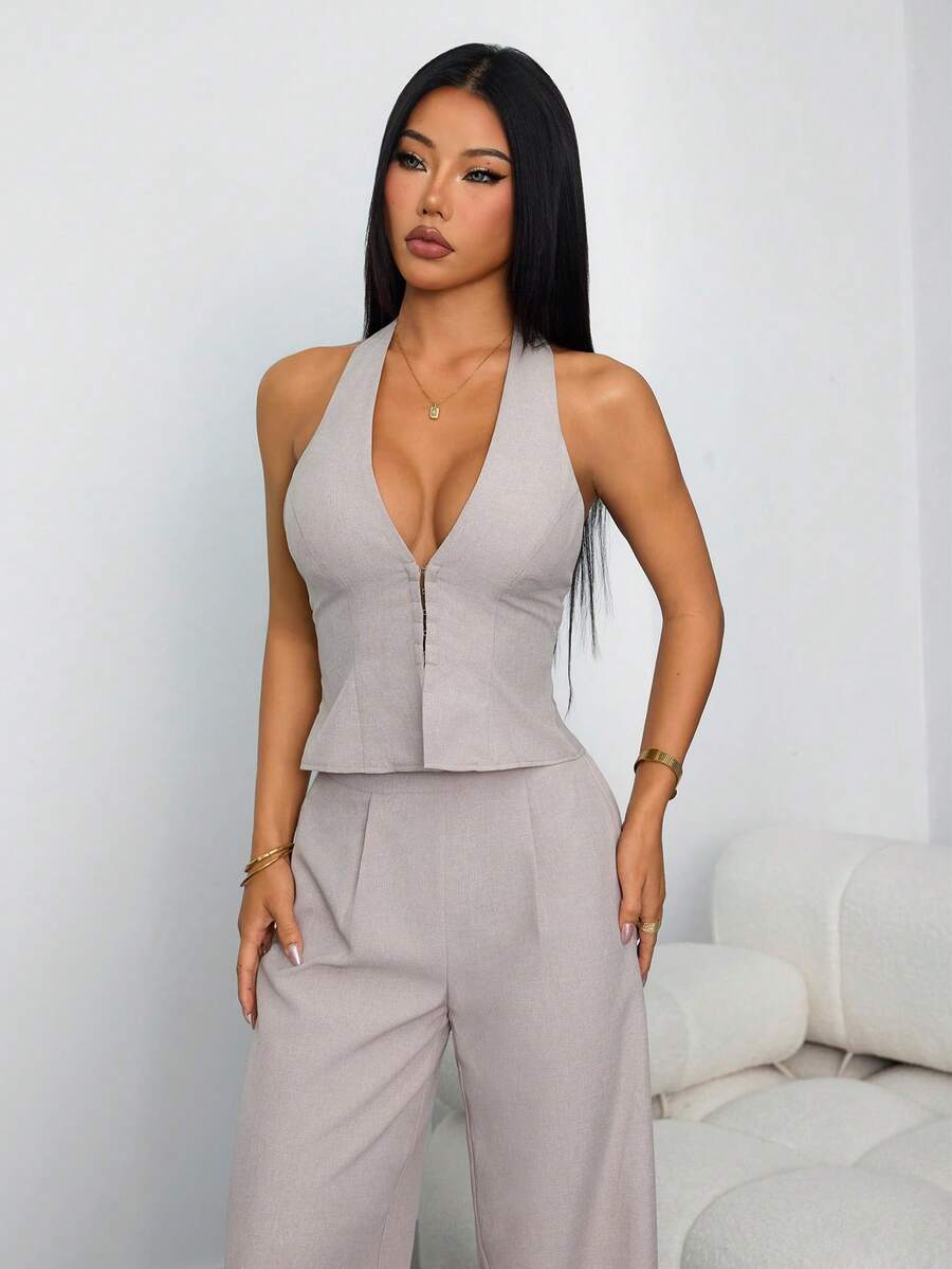 SHEIN PETITE Set de 2 piezas: Elegante chaleco sin mangas con cuello en V y frente cruzado de lino ligero y pantalones anchos de pierna ancha con pliegues de cintura alta, conjunto casual de negocios para ir al trabajo, primavera/verano, graduación, atuendos de maestros para mujeres, regreso a la escuela en otoño/invierno - Albaricoque - Ver 1