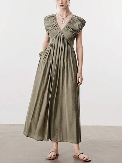 Aalyst Women's Single Bamboo Knot Linen V-Neck Dress With Lined Collar, Pleated Neckline, Tied Bow To Prevent Slipping, Lantern Sleeves, A-Line Silhouette, Relaxed Skirt, Elegant French Vintage Romantic Style, Suitable For Commute, Casual, Beach, Party, Spring/Summer