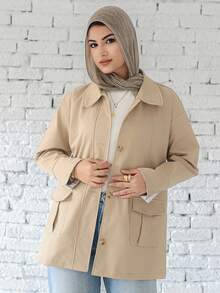 Livesso Loose Fit Color Block Lapel Collar Pockets Casual Long Sleeve Ladies Jacket,Fall Women Clothes Women Coats - Khaki - View 6