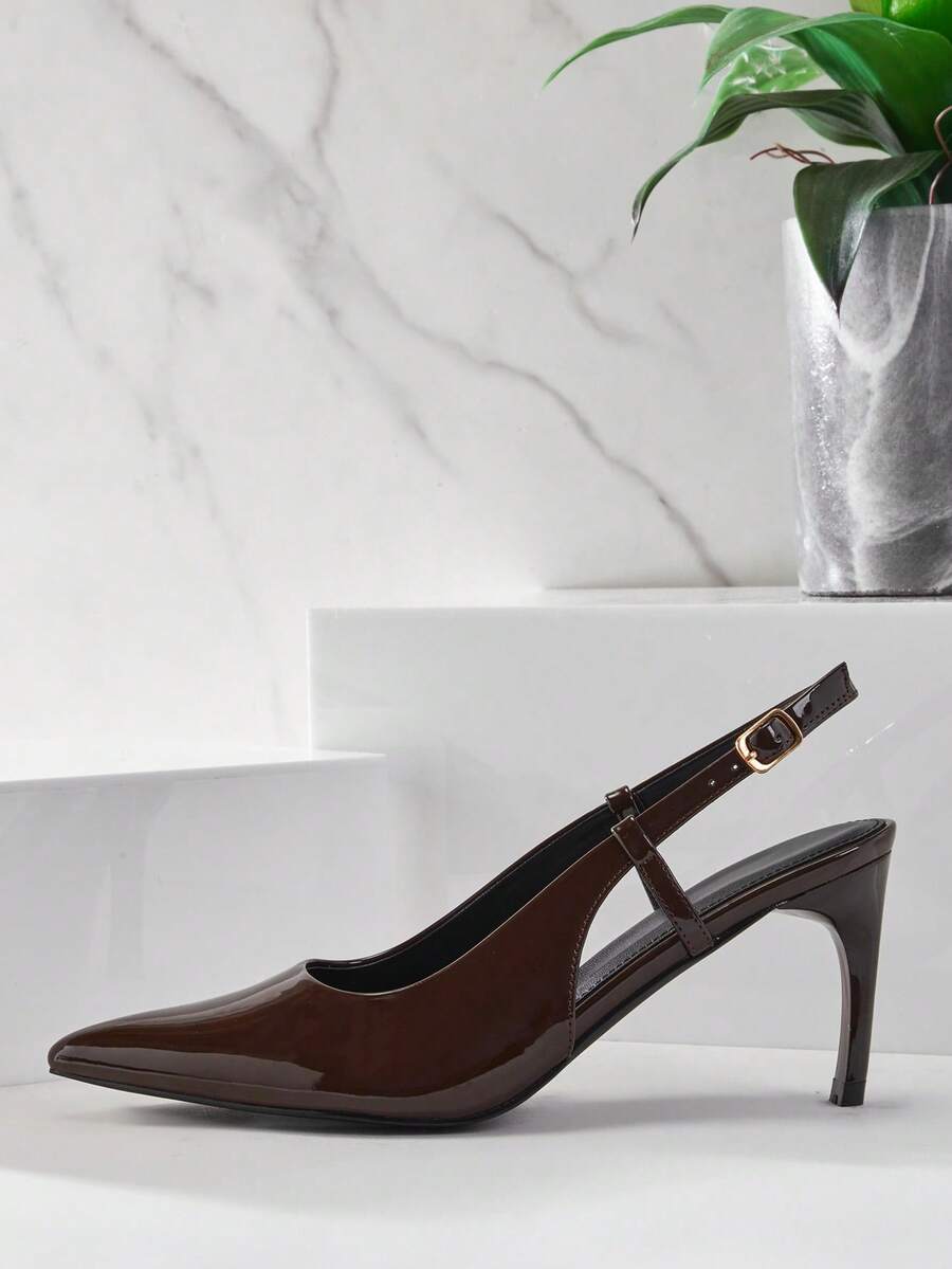 SHUZIA Women's Elegant Pointed Toe Buckled Back Strap Stiletto Pumps Valentine's Day - Chocolate Brown - View 1