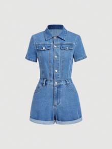 Sweetra Fashionable Casual Women Denim Bib Pants And Jumpsuit - Blue - View 1