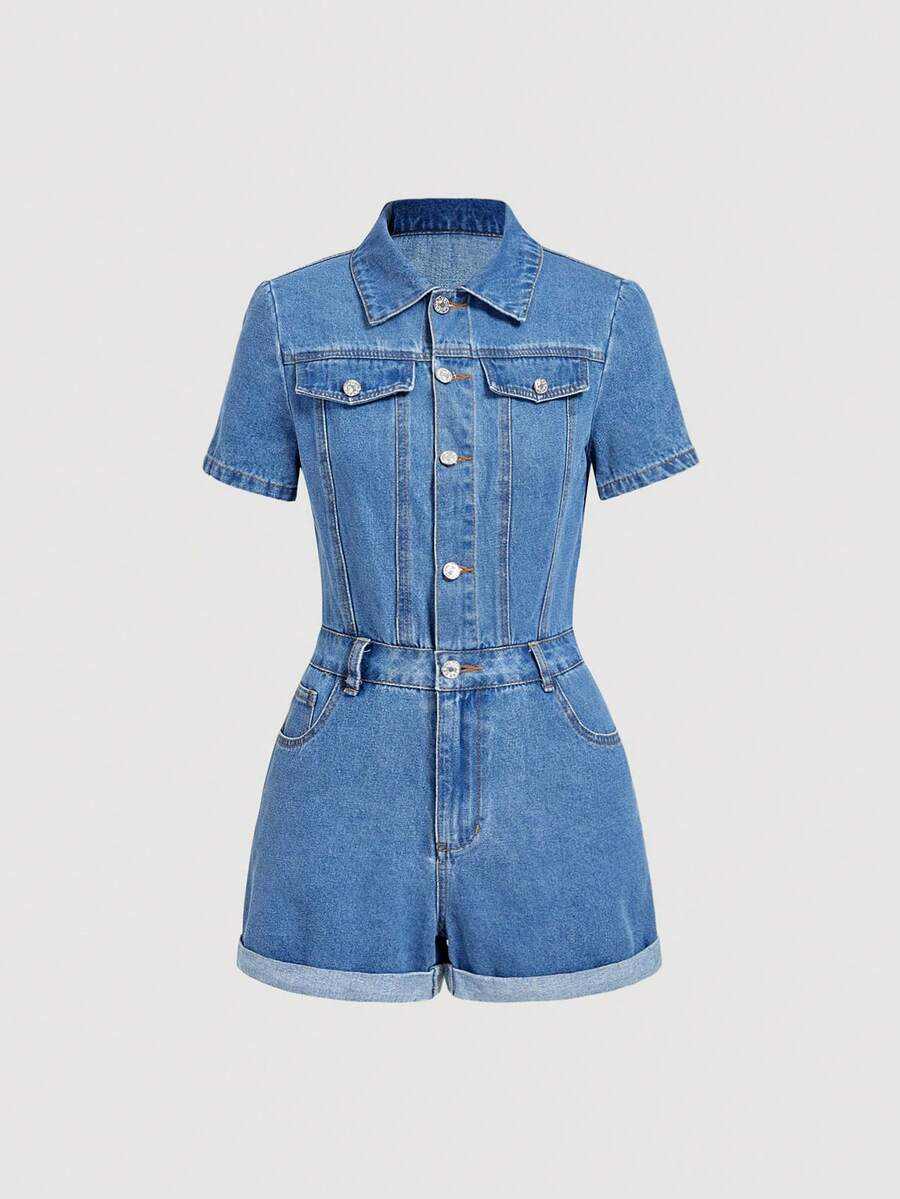 Sweetra Fashionable Casual Women Denim Bib Pants And Jumpsuit - Blue - View 1