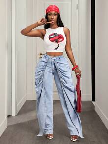 BamGleam 女士休闲褶皱宽松牛仔裤 - 藍色 - 查看 5