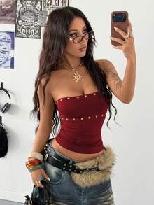 StreetHx Áo croptop nữ màu nâu phong cách đường phố Y2K, áo vest ôm dáng in hình ngôi sao nhạc Punk Rock, thích hợp cho mùa Thu/Đông. - Đỏ - Xem 3