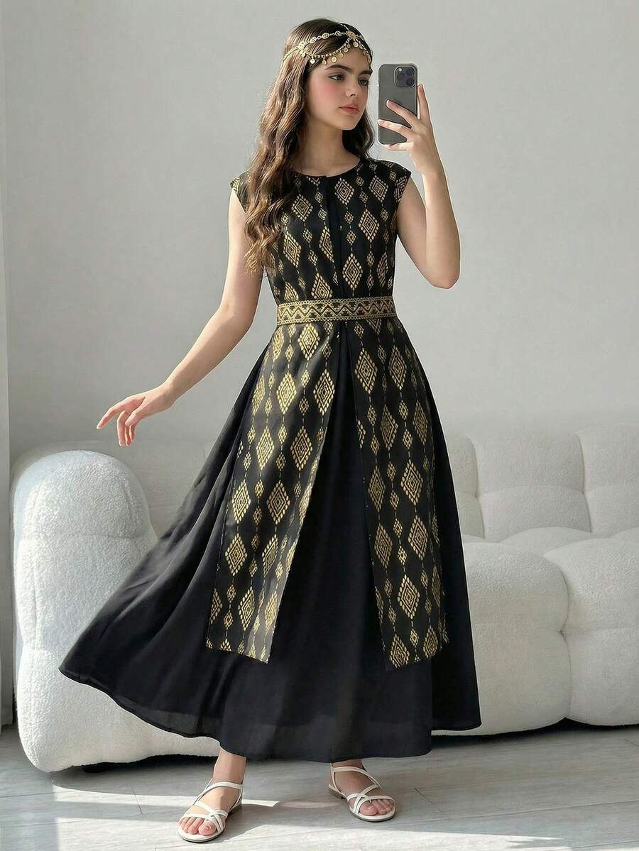 Zweiteiler-Set für Tween Mädchen, mit goldfarbener geprägter Verzierung am Kragen und einem gewebten Gürtel in der Taille für einfaches An- und Ausziehen. Es ist lässig, elegant und modisch, geeignet für Bankette. Es hat einen orientalischen Stil und einen Hofstil. Das Set beinhaltet ein schwarzes Kleid und einen Gürtel. - Schwarz - Übersicht 1
