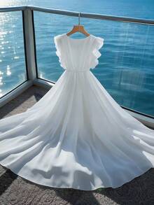 GlowEve Women's Solid Color Chiffon Flared Waist Elegant Flowy Vacation Dress - White - View 2