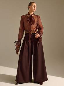 CLARA VERO Women's High Waist Contrast Color Belt Double Pleated Slant Pocket Wide Leg Pants - Brown - View 5