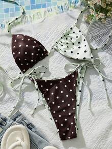 Swim Mod 双面可穿女士两件式泳衣，波点图案比基尼套装，适合游泳、水疗、度假 - 彩色 - 查看 3